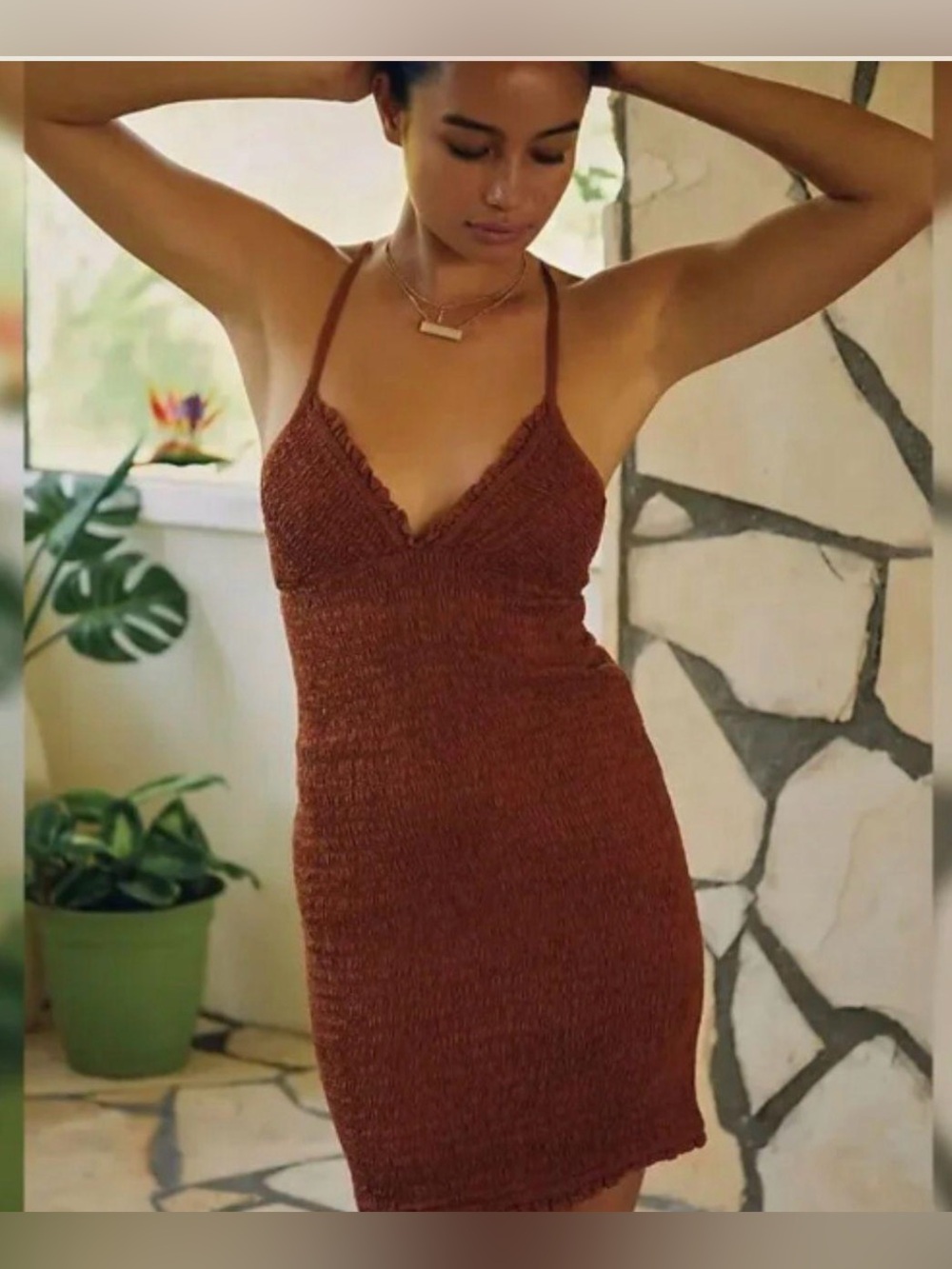 Anthropologie The Ellen Smocked Mini Dress Burnt Rust XL